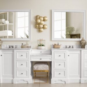 James Martin 825-V118-BW-DU-CAR De Soto 118 Inch Double Vanity Set in Bright White with Makeup Table with 3 cm Carrara Marble Top