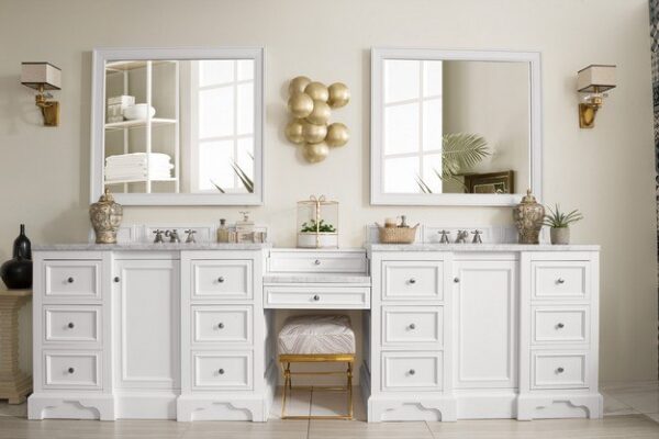 James Martin 825-V118-BW-DU-CAR De Soto 118 Inch Double Vanity Set in Bright White with Makeup Table with 3 cm Carrara Marble Top