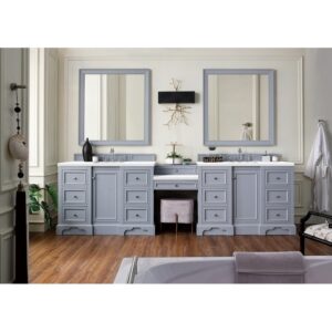 James Martin 825-V118-DU-WZ De Soto 120 1/2 Inch Double Vanity with Set 3 CM White Zeus Quartz Top and Makeup Table