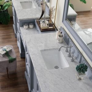 James Martin 825-V118-SL-DU-CAR De Soto 118 Inch Double Vanity Set in Silver Gray with Makeup Table with 3 cm Carrara Marble Top