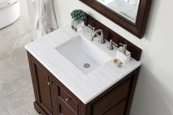 James Martin 825-V30-BNM-3AF De Soto 31 Inch Single Vanity in Burnished Mahogany with 3 cm Arctic Fall Solid Surface Top