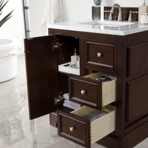 James Martin 825-V30-BNM-3AF De Soto 31 Inch Single Vanity in Burnished Mahogany with 3 cm Arctic Fall Solid Surface Top