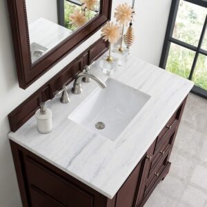 James Martin 825-V36-BNM-3AF De Soto 37 Inch Single Vanity in Burnished Mahogany with 3 cm Arctic Fall Solid Surface Top