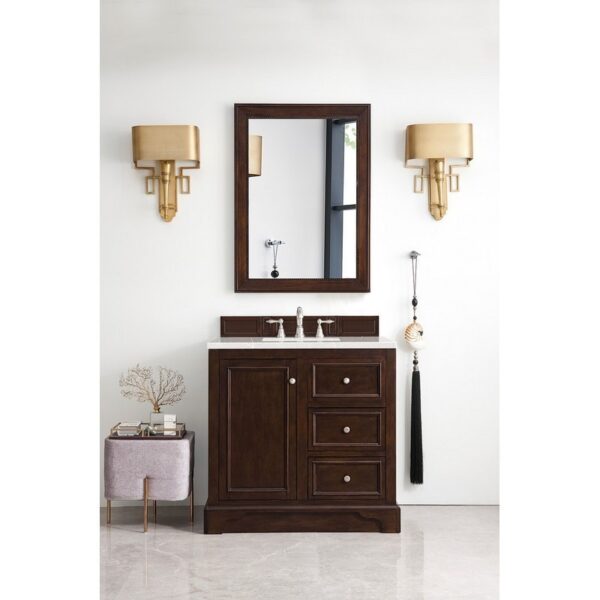 James Martin 825-V36-BNM-3ESR De Soto 36 Inch Single Vanity in Burnished Mahogany with 3 CM Eternal Serena Quartz Top