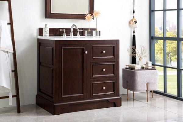 James Martin 825-V36-BNM-3CAR De Soto 37 Inch Single Vanity in Burnished Mahogany with 3 cm Carrara Marble Top