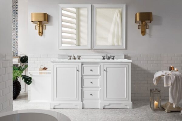 James Martin 825-V60D-BW-3ENC De Soto 61 1/4 Inch Double Vanity Cabinet with Ethereal Noctis Quartz Top - Bright White