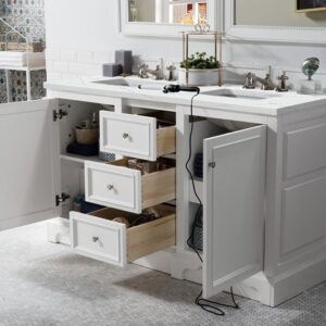 James Martin 825-V60D-BW-3ENC De Soto 61 1/4 Inch Double Vanity Cabinet with Ethereal Noctis Quartz Top - Bright White