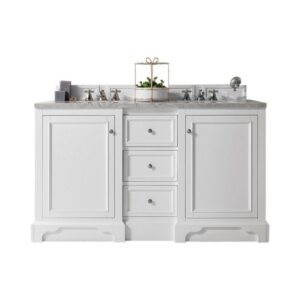 James Martin 825-V60D-BW-3GEX De Soto 61 Inch Double Vanity in Bright White with 3 cm Grey Expo Quartz Top with Sink