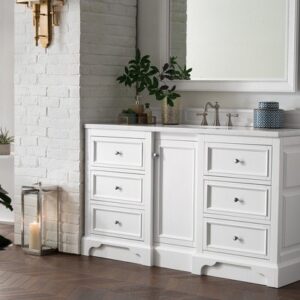 James Martin 825-V60S-BW-3CAR De Soto 61 Inch Single Vanity in Bright White with 3 cm Carrara Marble Top