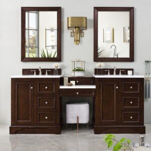 James Martin 825-V82-BNM-DU-CAR De Soto 83 Inch Double Vanity Set in Burnished Mahogany with Makeup Table with 3 cm Carrara Marble Top