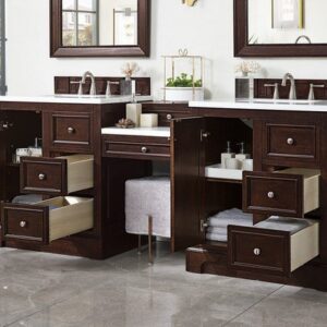 James Martin 825-V82-BNM-DU-AF De Soto 83 Inch Double Vanity Set in Burnished Mahogany with Makeup Table with 3 cm Arctic Fall Solid Surface Top