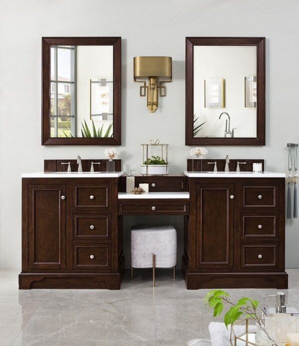 James Martin 825-V82-BNM-DU-AF De Soto 83 Inch Double Vanity Set in Burnished Mahogany with Makeup Table with 3 cm Arctic Fall Solid Surface Top