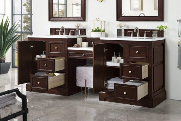 James Martin 825-V82-BNM-DU-AF De Soto 83 Inch Double Vanity Set in Burnished Mahogany with Makeup Table with 3 cm Arctic Fall Solid Surface Top