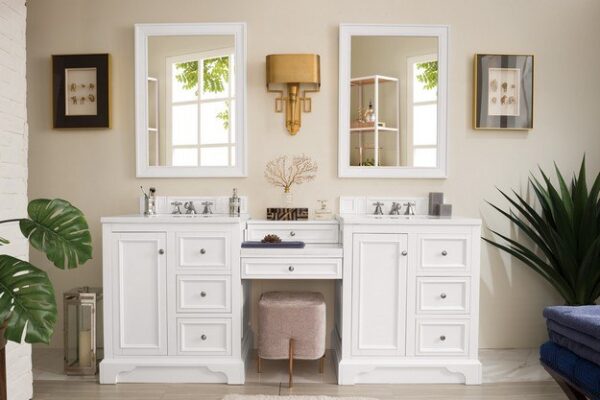 James Martin 825-V82-BW-DU-AF De Soto 83 Inch Double Vanity Set in Bright White with Makeup Table with 3 cm Arctic Fall Solid Surface Top