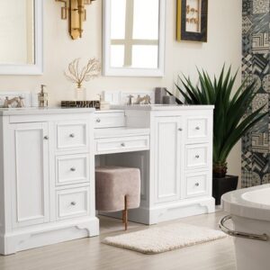 James Martin 825-V82-BW-DU-AF De Soto 83 Inch Double Vanity Set in Bright White with Makeup Table with 3 cm Arctic Fall Solid Surface Top