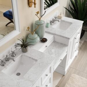 James Martin 825-V82-BW-DU-CAR De Soto 83 Inch Double Vanity Set in Bright White with Makeup Table with 3 cm Carrara Marble Top