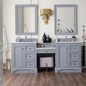 James Martin 825-V82-SL-DU-CAR De Soto 83 Inch Double Vanity Set in Silver Gray with Makeup Table with 3 cm Carrara Marble Top