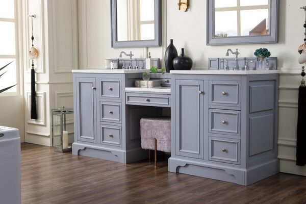 James Martin 825-V82-SL-DU-AF De Soto 83 Inch Double Vanity Set in Silver Gray with Makeup Table with 3 cm Arctic Fall Solid Surface Top