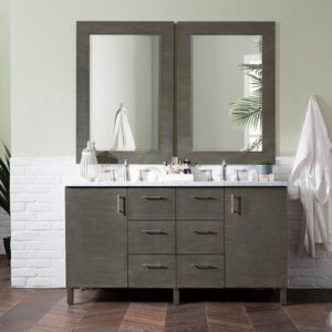 James Martin 850-V60D-SOK-3EJP Metropolitan 60 Inch Double Vanity in Silver Oak with 3 cm Eternal Jasmine Pearl Quartz Top with Sink