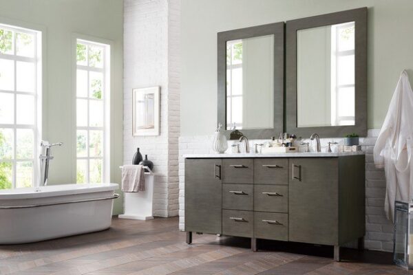 James Martin 850-V60D-SOK-3CAR Metropolitan 60 Inch Silver Oak Double Vanity with 3 cm Carrara Marble Top