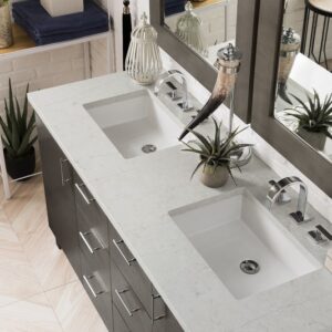 James Martin 850-V60D-SOK-3EJP Metropolitan 60 Inch Double Vanity in Silver Oak with 3 cm Eternal Jasmine Pearl Quartz Top with Sink