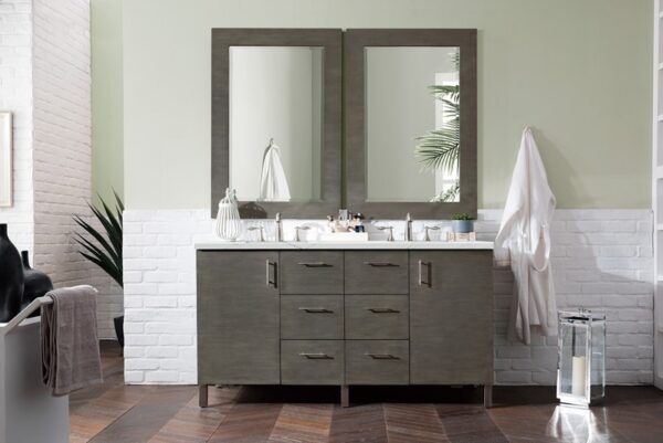 James Martin 850-V60D-SOK-3ENC Metropolitan 60 Inch Double Vanity Cabinet with Ethereal Noctis Quartz Top - Silver Oak