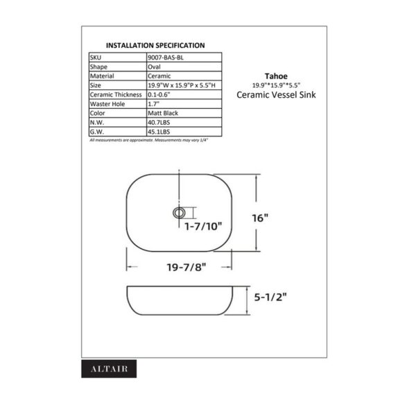 Altair 9007-BAS-BL Tahoe 19 7/8 Inch Oval Ceramic Vessel Bathroom Sink - Black