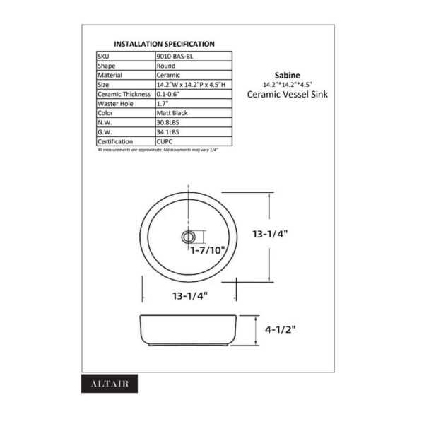 Altair 9010-BAS-BL Sabine 14 1/4 Inch Round Ceramic Vessel Bathroom Sink - Black