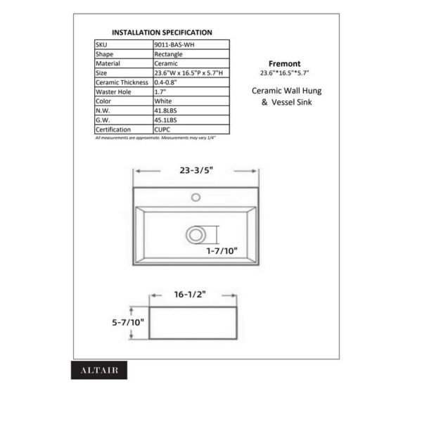 Altair 9011-BAS-WH Fremont 23 5/8 Inch Rectangle Ceramic Vessel Bathroom Sink with Overflow - White