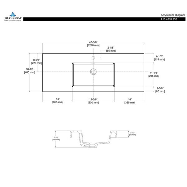 Blossom A10 4818 25S 47 5/8 Inch Single Basins Acrylic Top-Mount Bathroom Sink