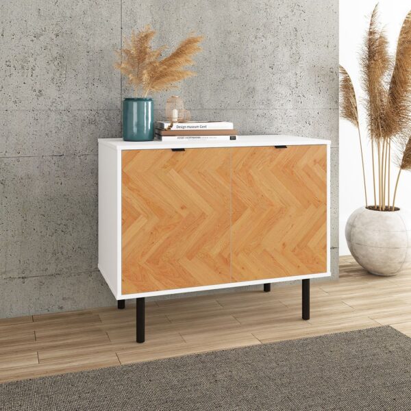 Manhattan Comfort Mid-Century Modern Liam Accent Cabinet with 2 Shelves in White and Wood