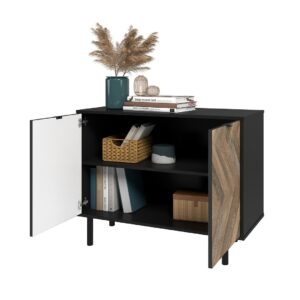 Manhattan Comfort Mid-Century Modern Liam Accent Cabinet with 2 Shelves in Black and Brown