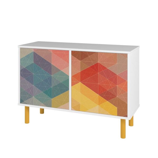 Manhattan Comfort Mid-Century Modern Retro Accent Cabinet with 4 Shelves in White and Multi Color Red, Yellow, Blue Print