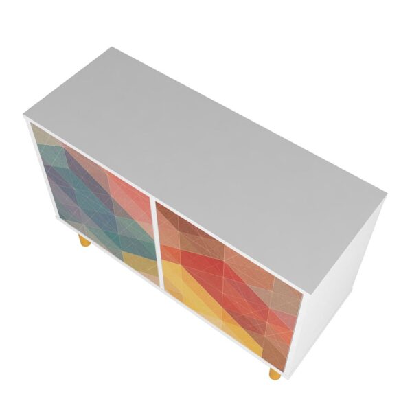 Manhattan Comfort Mid-Century Modern Retro Accent Cabinet with 4 Shelves in White and Multi Color Red, Yellow, Blue Print