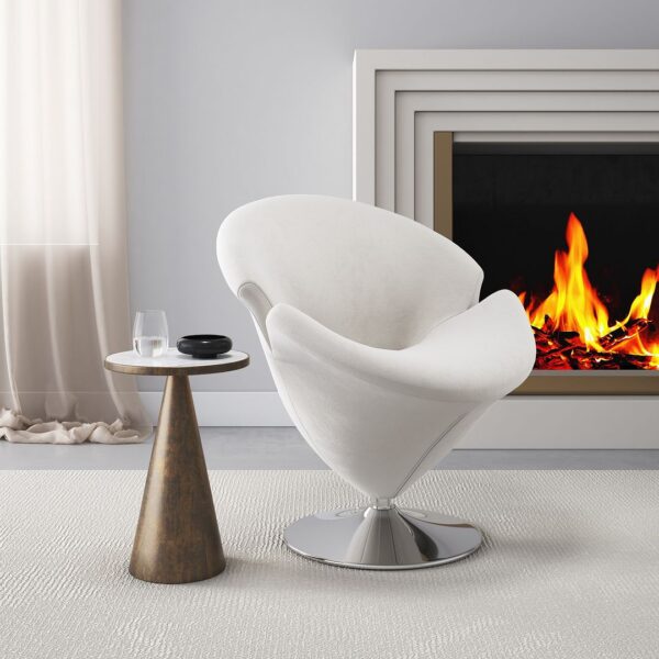 Manhattan Comfort Tulip White and Polished Chrome Velvet Swivel Accent Chair