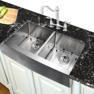 Nantucket Sinks APRON332210-DBL-SR 33 Inch Double Bowl Farmhouse Apron Front Stainless Steel Kitchen Sink