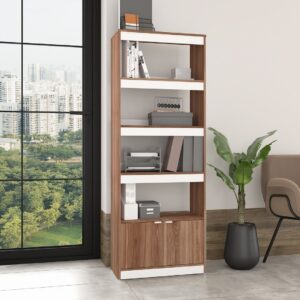 Manhattan Comfort Mid-Century Modern Ratzer Bookcase with 5 Shelves in Brown and White