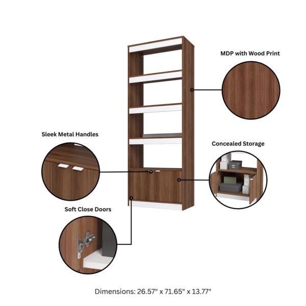 Manhattan Comfort Mid-Century Modern Ratzer Bookcase with 5 Shelves in Brown and White