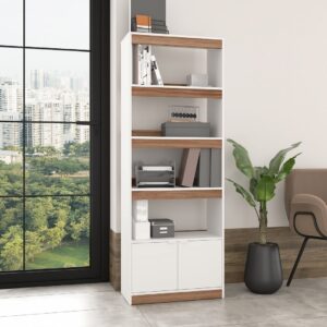 Manhattan Comfort Mid-Century Modern Ratzer Bookcase with 5 Shelves in White and Brown