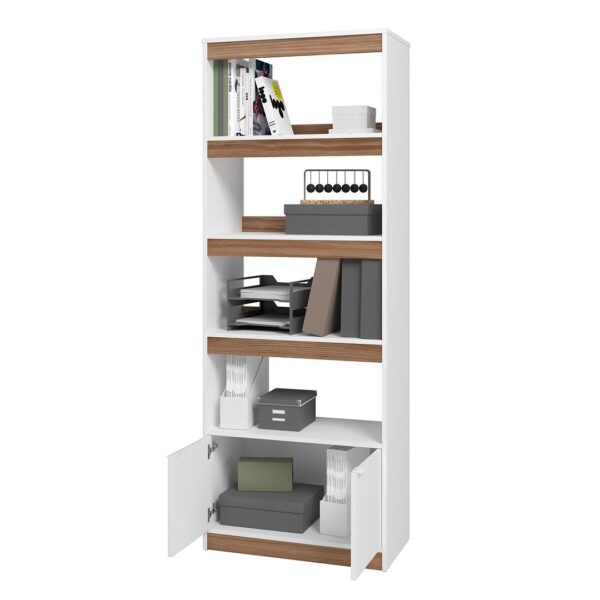 Manhattan Comfort Mid-Century Modern Ratzer Bookcase with 5 Shelves in White and Brown