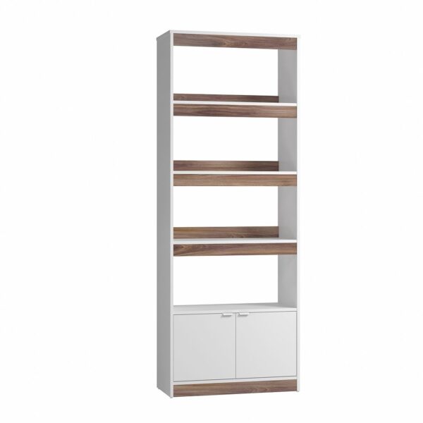 Manhattan Comfort Mid-Century Modern Ratzer Bookcase with 5 Shelves in White and Brown