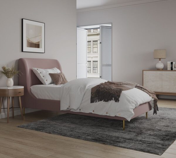 Manhattan Comfort Heather Velvet Twin Bed in Blush with Gold Legs