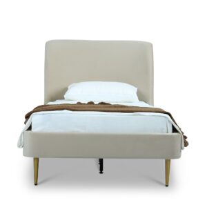 Manhattan Comfort Heather Velvet Twin Bed in Cream with Gold Legs