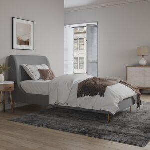 Manhattan Comfort Heather Velvet Twin Bed in Grey with Gold Legs