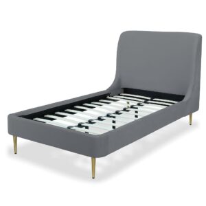 Manhattan Comfort Heather Velvet Twin Bed in Grey with Gold Legs