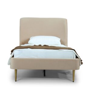 Manhattan Comfort Heather Velvet Twin Bed in Taupe with Gold Legs