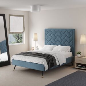 Manhattan Comfort Crosby Modern Full- Size Upholstered Velvet Bedframe and Headboard in Blue