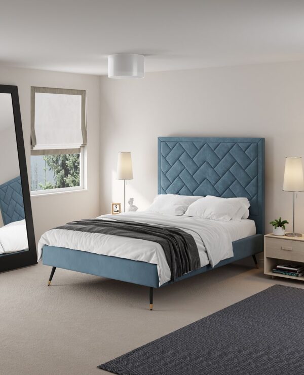 Manhattan Comfort Crosby Modern Full- Size Upholstered Velvet Bedframe and Headboard in Blue