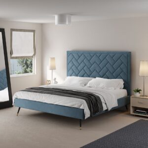 Manhattan Comfort Crosby Modern King-Size Upholstered Velvet Bedframe and Headboard in Blue