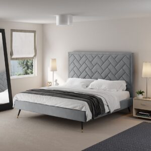 Manhattan Comfort Crosby Modern King-Size Upholstered Velvet Bedframe and Headboard in Grey